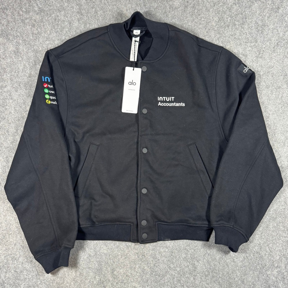 Alo Yoga Renown Varsity Jacket Mens M Black Intuit Accountants Logo Snap Front